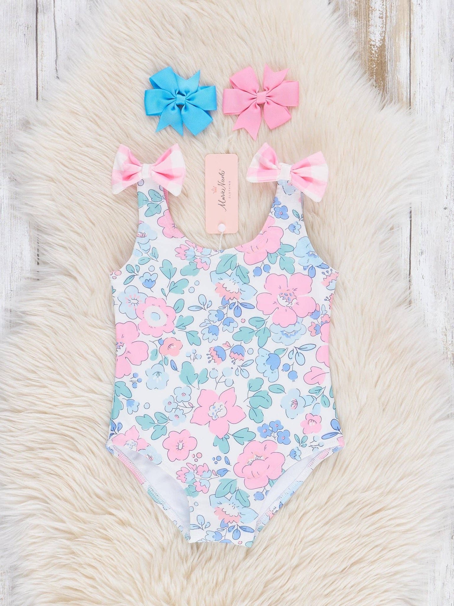 Cottage Floral & Gingham Bow Tie One Piece Swimsuit