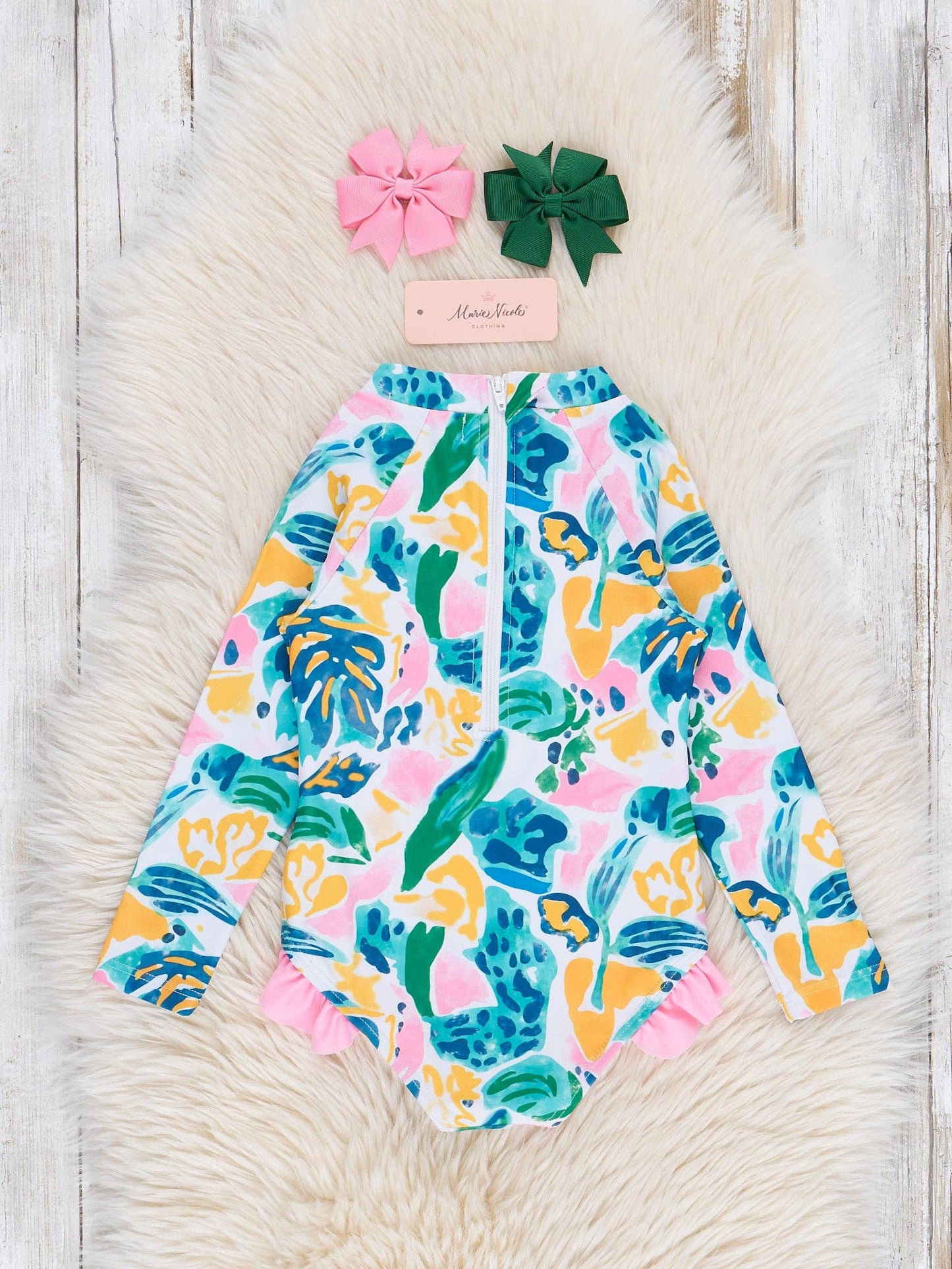 Watercolor Banana Leaves Ruffle Rashguard Swimsuit
