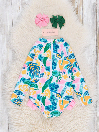 Watercolor Banana Leaves Ruffle Rashguard Swimsuit