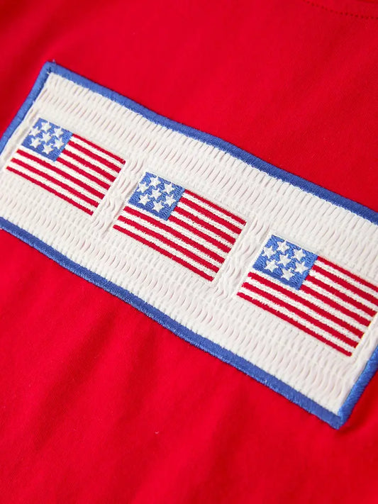 4th of July Flag Outfit Set Embroidery Plaid