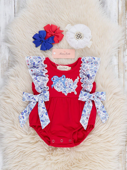 Sweet Land Floral Embroidered Cotton Ruffle Bubble Romper