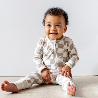 Baby Bamboo Pajamas w/ DreamCuffs® - Oat Latte Checkerboard
