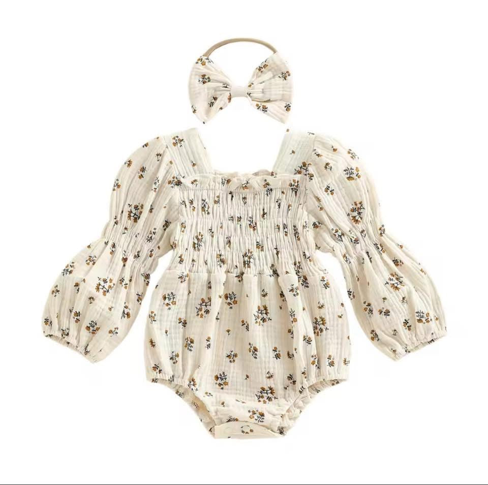 Scrunch Floral Cream Romper with Matching Bow