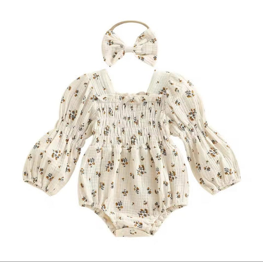 Scrunch Floral Cream Romper with Matching Bow
