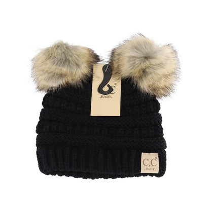 BABY Solid Ribbed Faux Fur Double Pom C.C Beanie