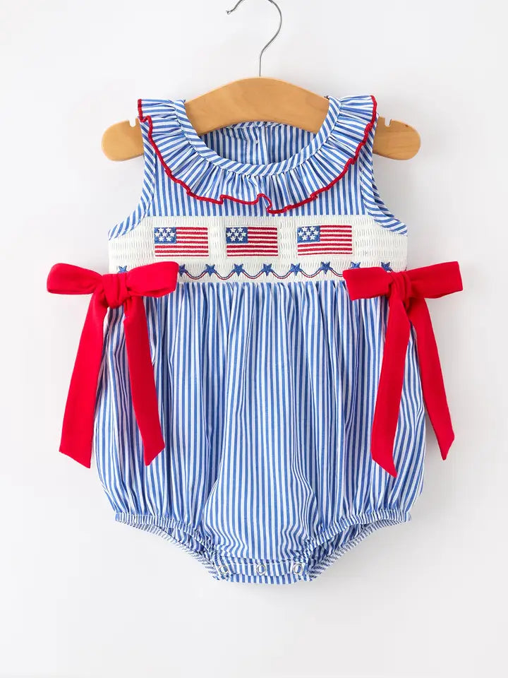 4th of July Plaid Romper Bow Smocked Embroidery