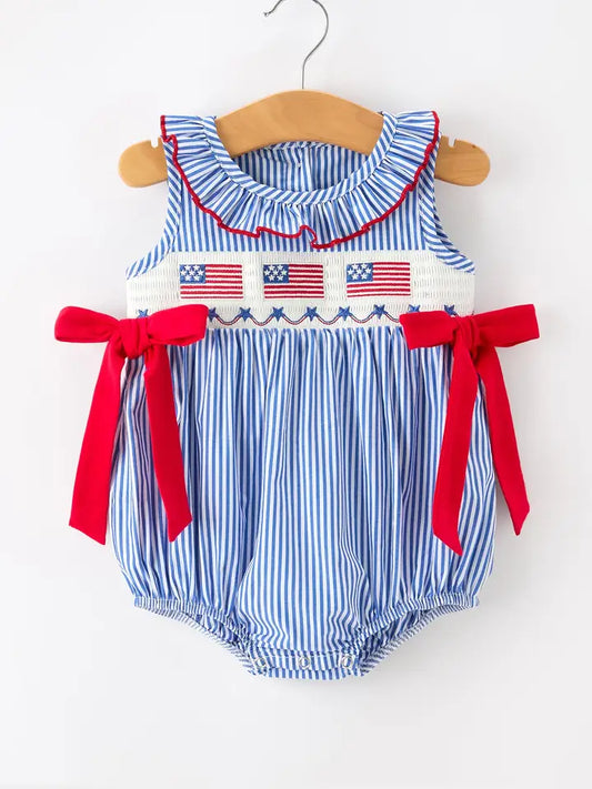 4th of July Plaid Romper Bow Smocked Embroidery