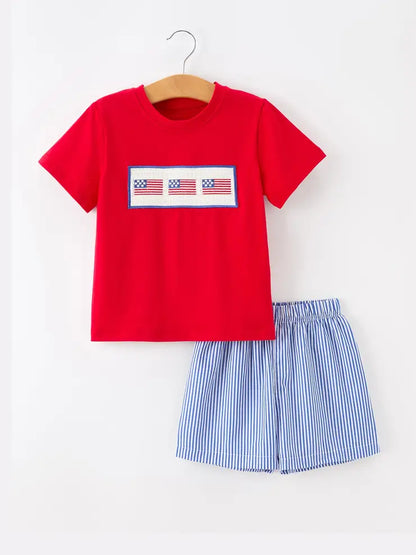 4th of July Flag Outfit Set Embroidery Plaid