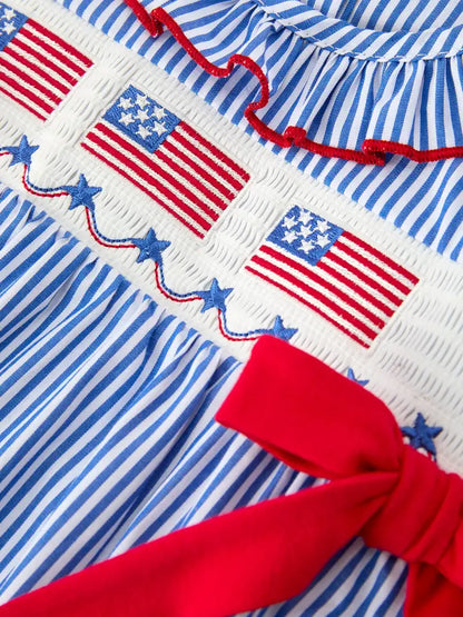4th of July Plaid Romper Bow Smocked Embroidery