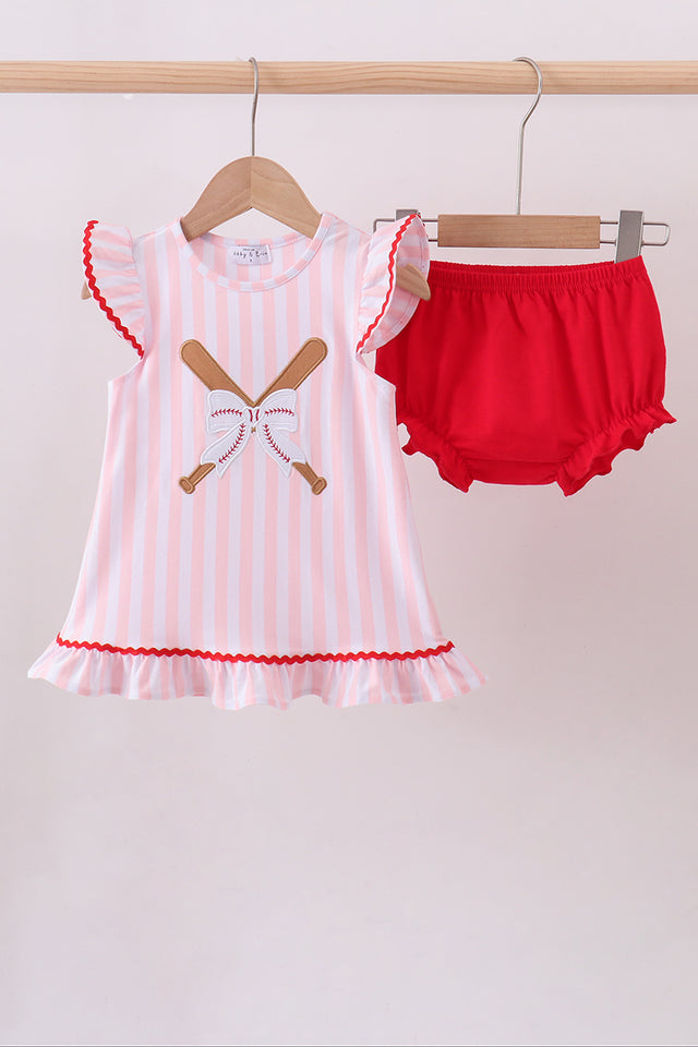 Pink Baseball Bow Stripe Bloomer Set