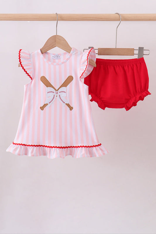 Pink Baseball Bow Stripe Bloomer Set