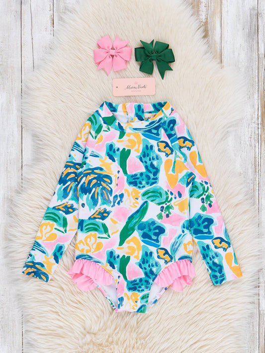 Watercolor Banana Leaves Ruffle Rashguard Swimsuit