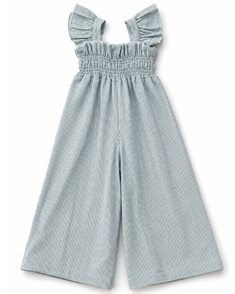 Goldie Smocked Jumpsuit - Sage Pinstripe