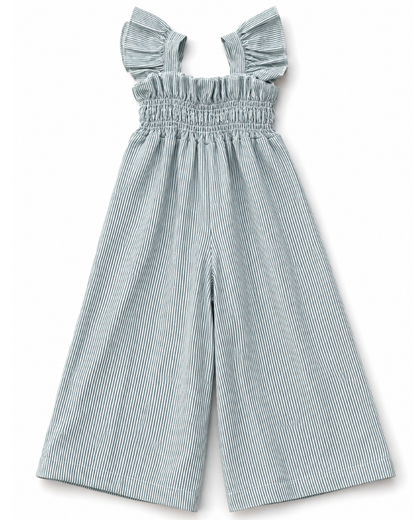 Goldie Smocked Jumpsuit - Sage Pinstripe