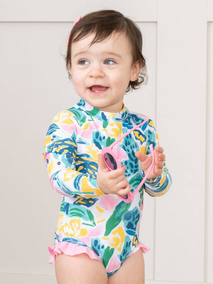 Watercolor Banana Leaves Ruffle Rashguard Swimsuit