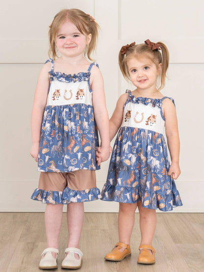 Steel Blue Horse Ruffle Dress