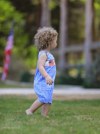 4th of July Flag Embroidery Smocking Boys Romper