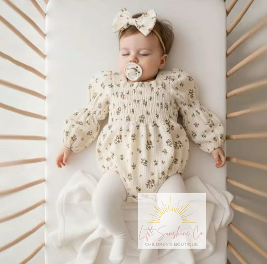 Scrunch Floral Cream Romper with Matching Bow