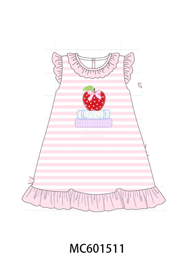Pink Back to School Apple Book Applique Stripe - Dress