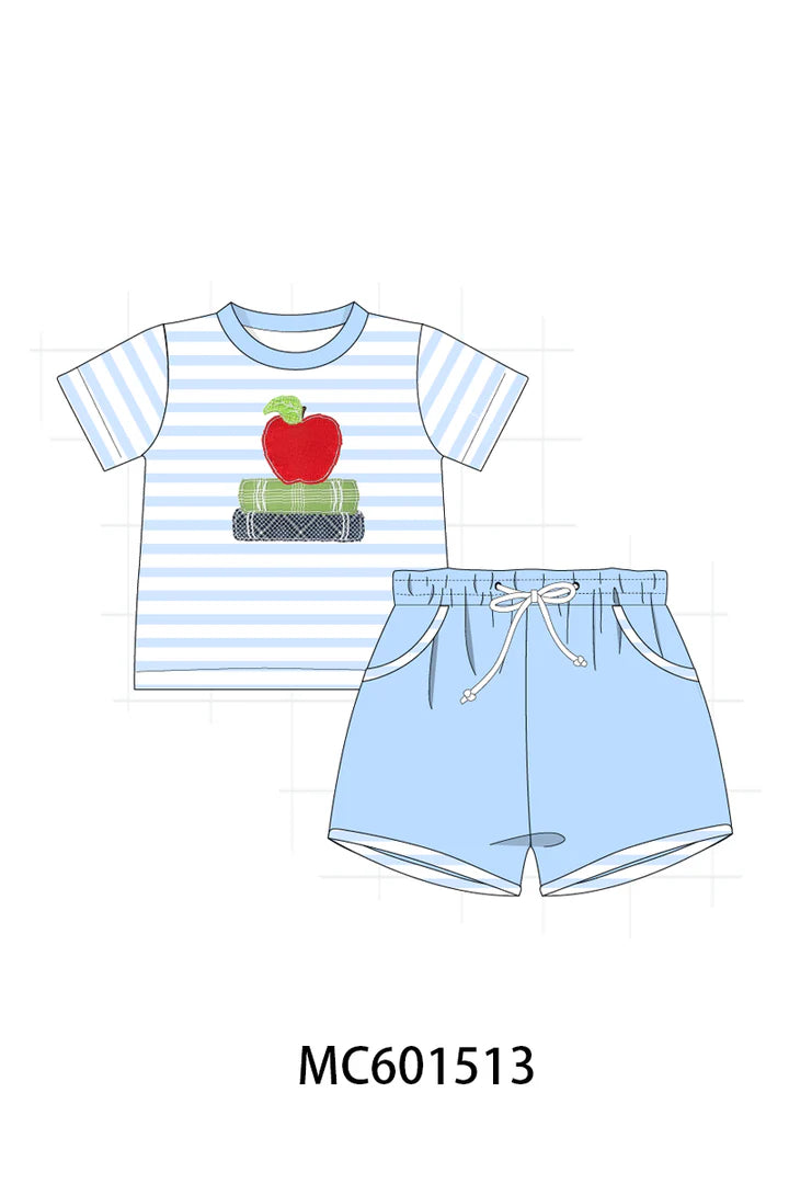 Blue Back to School Apple Book Applique Stripe - Boy Set