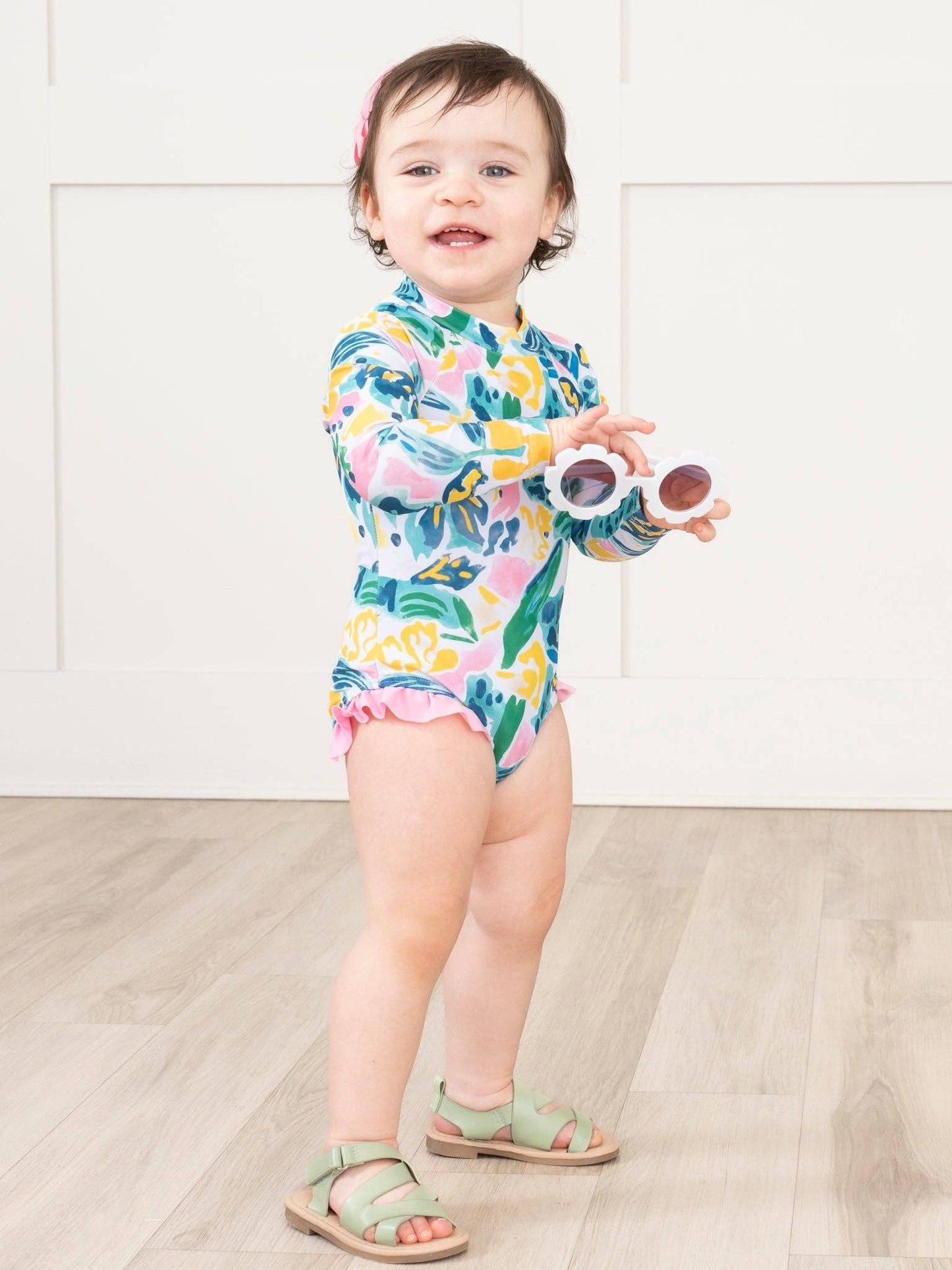 Watercolor Banana Leaves Ruffle Rashguard Swimsuit
