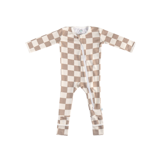 Baby Bamboo Pajamas w/ DreamCuffs® - Oat Latte Checkerboard