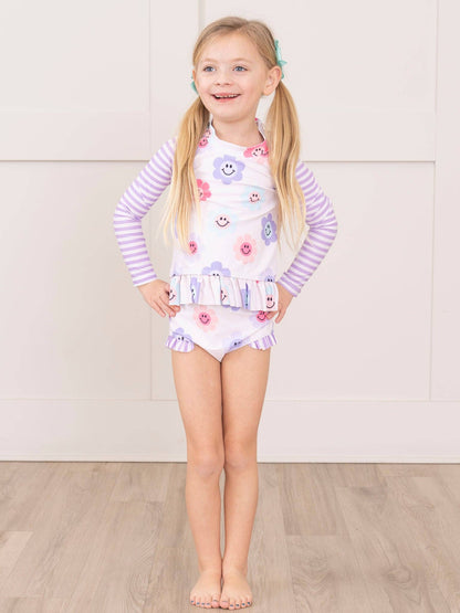 Purple Smiley Daisies Two Piece Rashguard