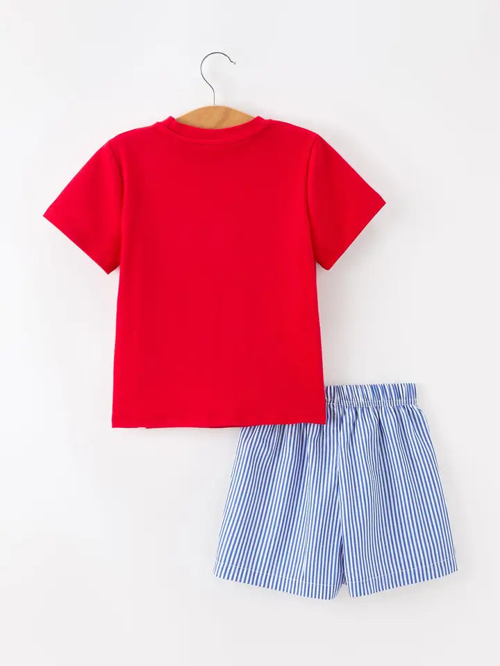 4th of July Flag Outfit Set Embroidery Plaid