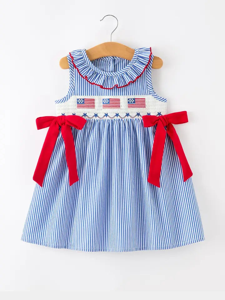 4th of July Twirl Dress Bow Smocked Embroidery