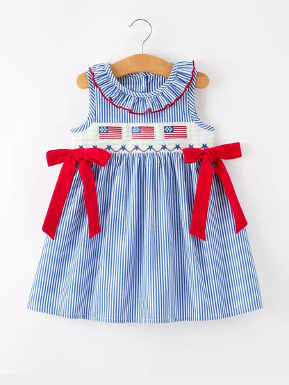4th of July Twirl Dress Bow Smocked Embroidery