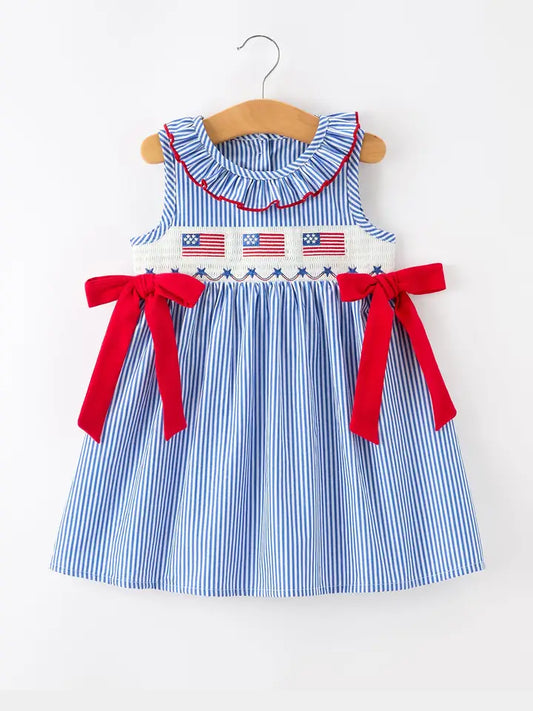 4th of July Twirl Dress Bow Smocked Embroidery