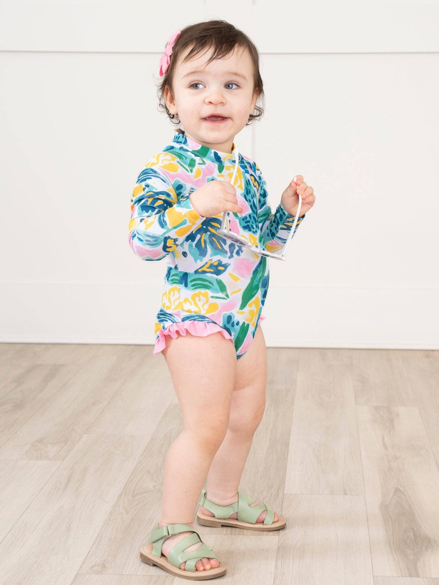 Watercolor Banana Leaves Ruffle Rashguard Swimsuit