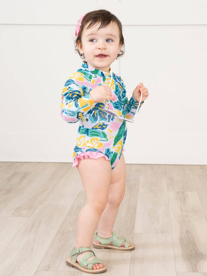 Watercolor Banana Leaves Ruffle Rashguard Swimsuit