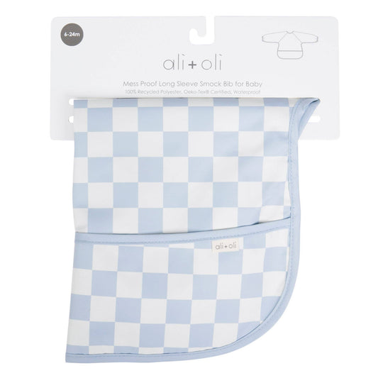 Smock Bib for Baby & Toddler Long Sleeve (Blue Checkers)