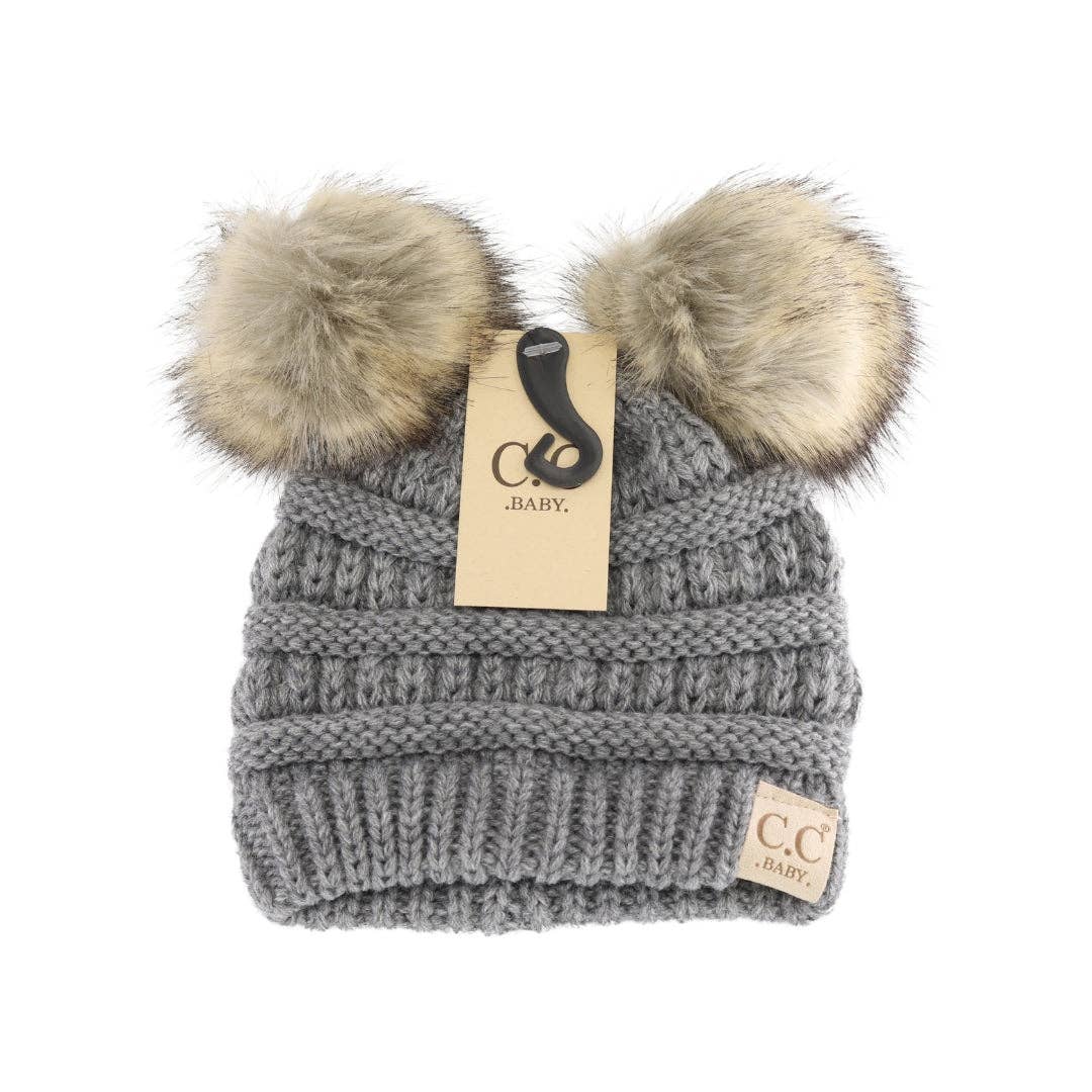 BABY Solid Ribbed Faux Fur Double Pom C.C Beanie