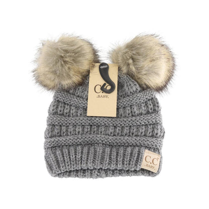 BABY Solid Ribbed Faux Fur Double Pom C.C Beanie