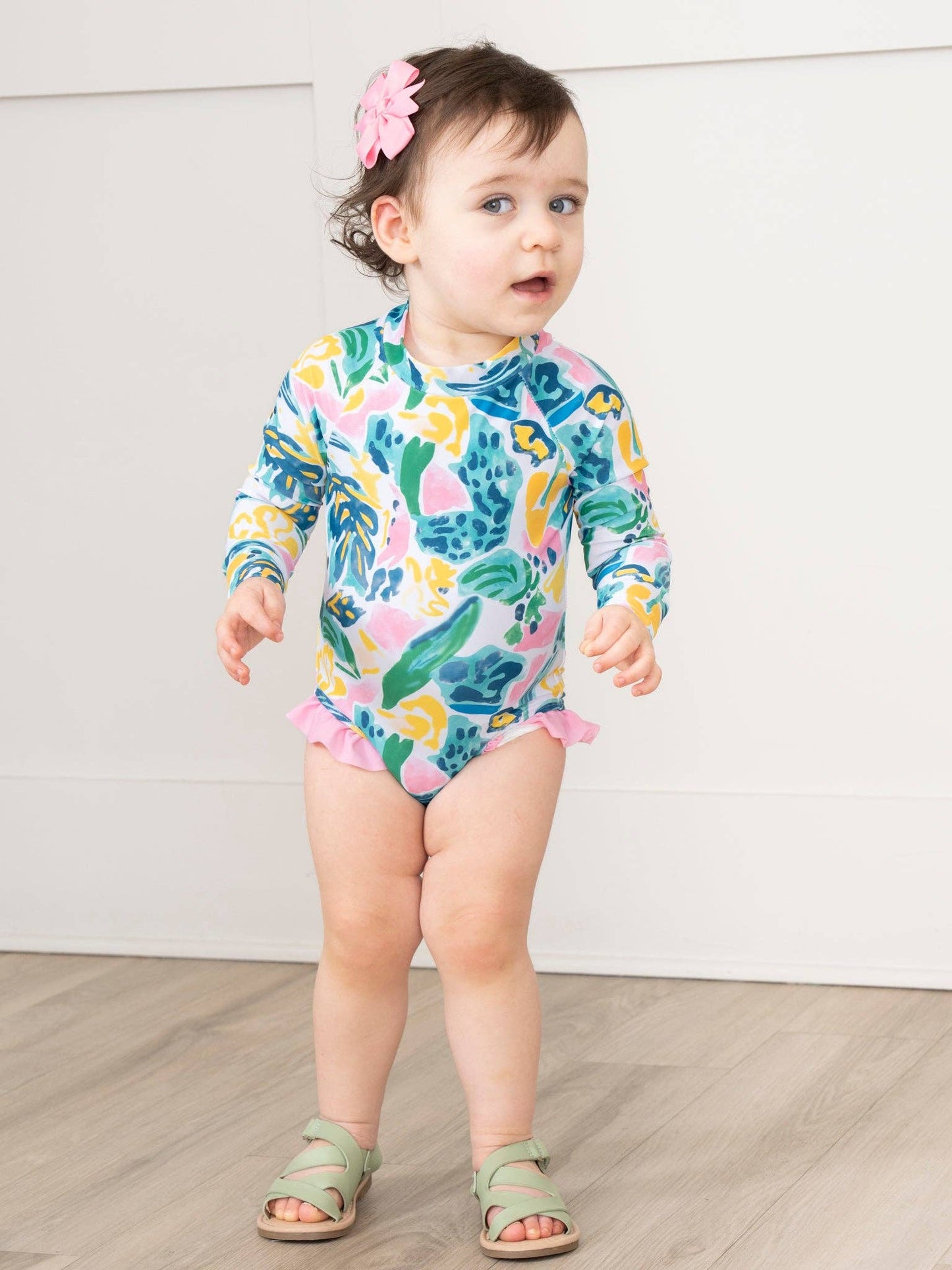 Watercolor Banana Leaves Ruffle Rashguard Swimsuit